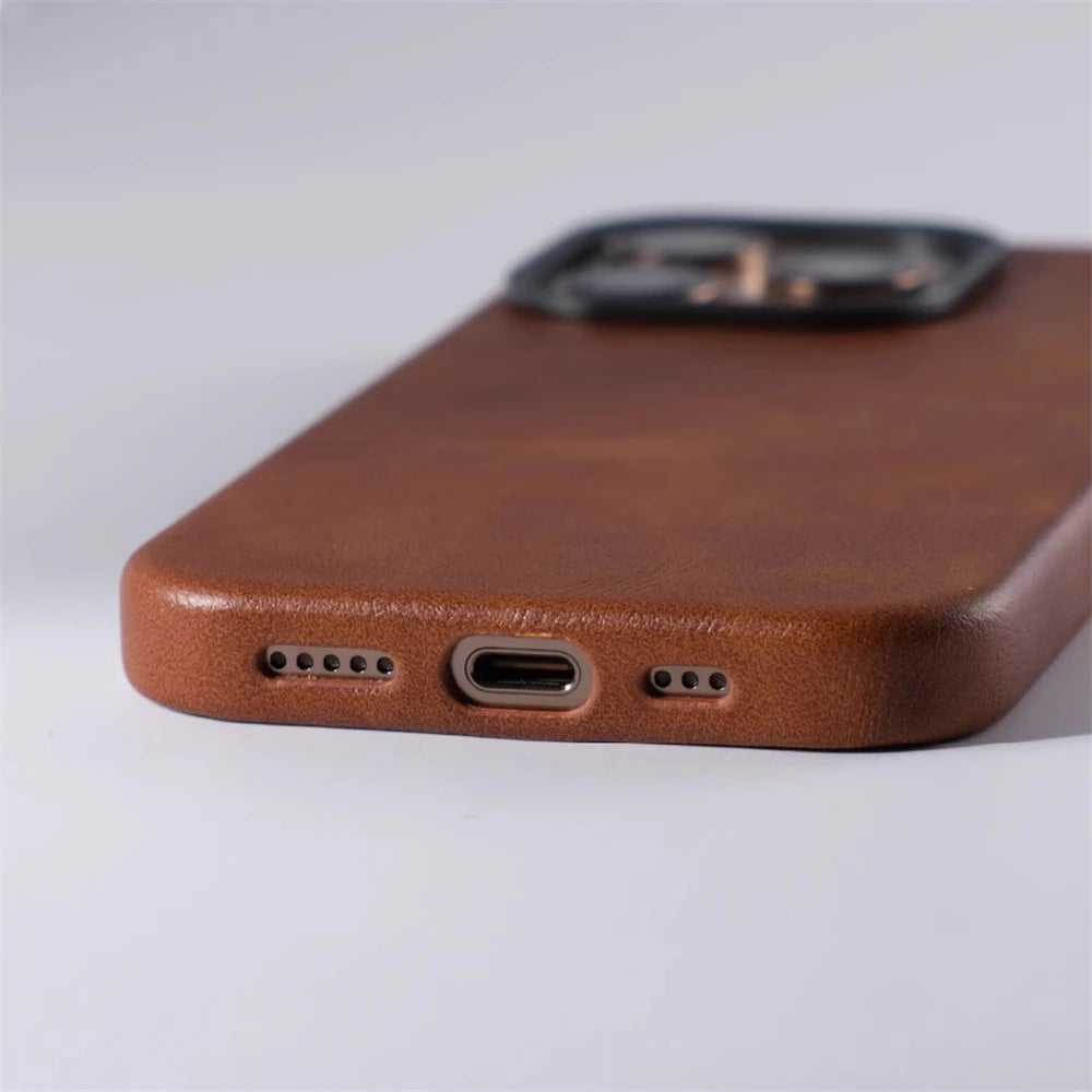 Luxury Business Retro Leather MagSafe Case with Alloy Lens for iPhone 16 Series