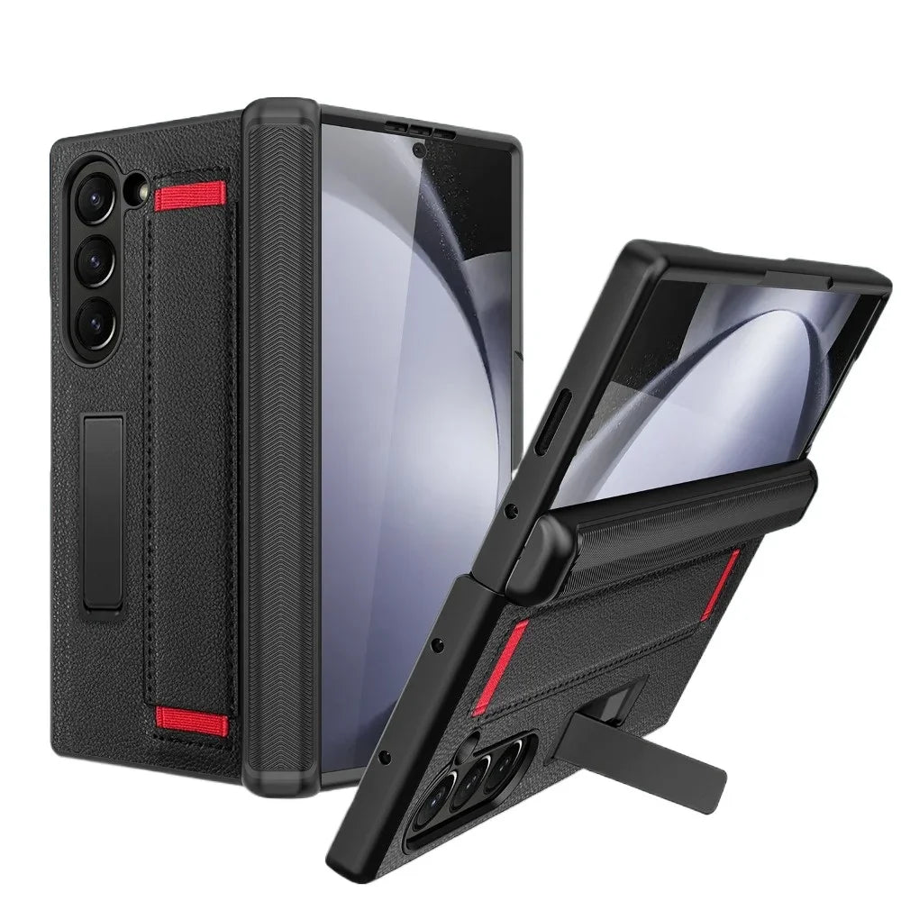 Full Coverage Hinge Protective Leather Case with Kickstand & Wristband for Samsung Galaxy Z Fold 5