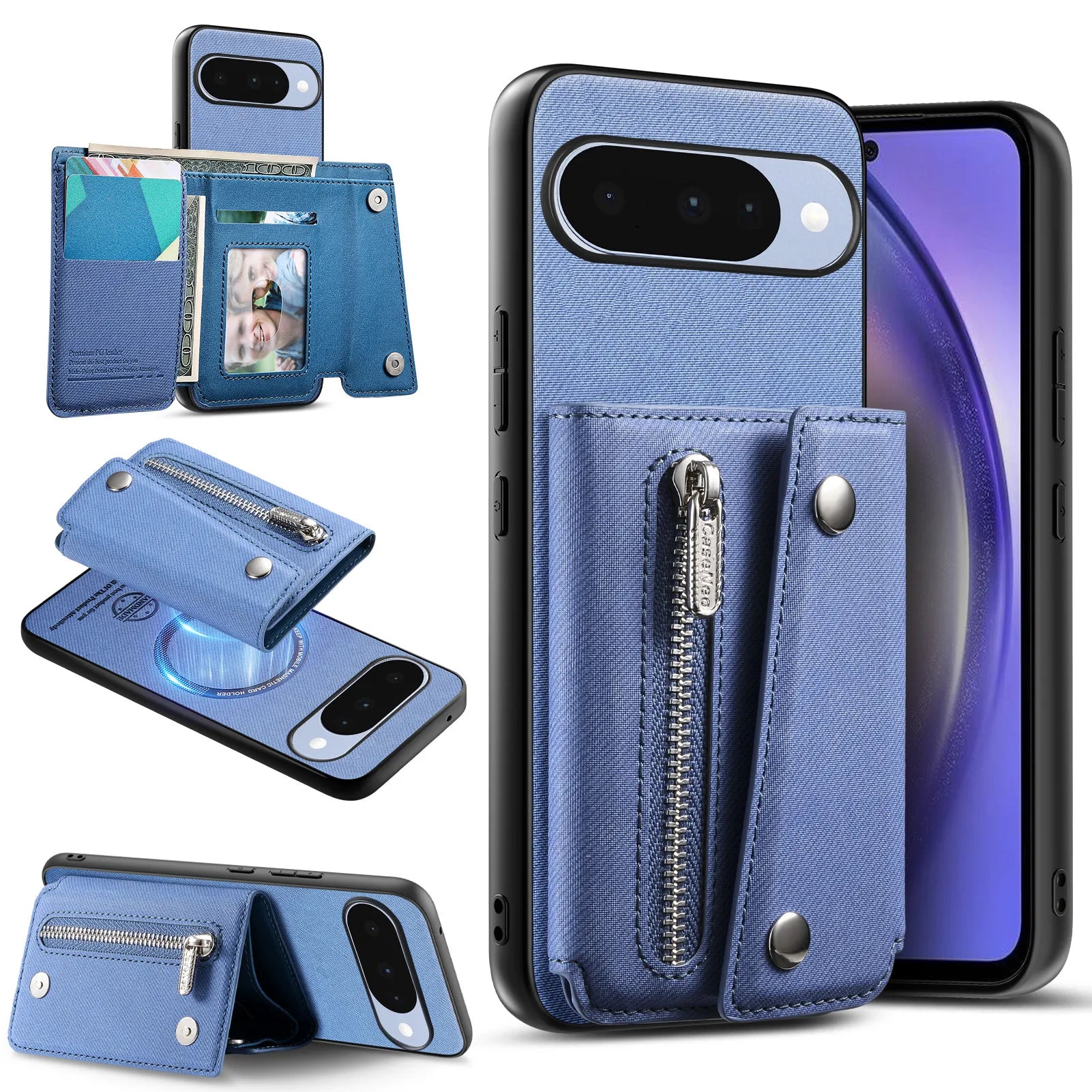 Denim Textured Leather Magnetic Case with Wallet Pocket for Google Pixel 9 Series
