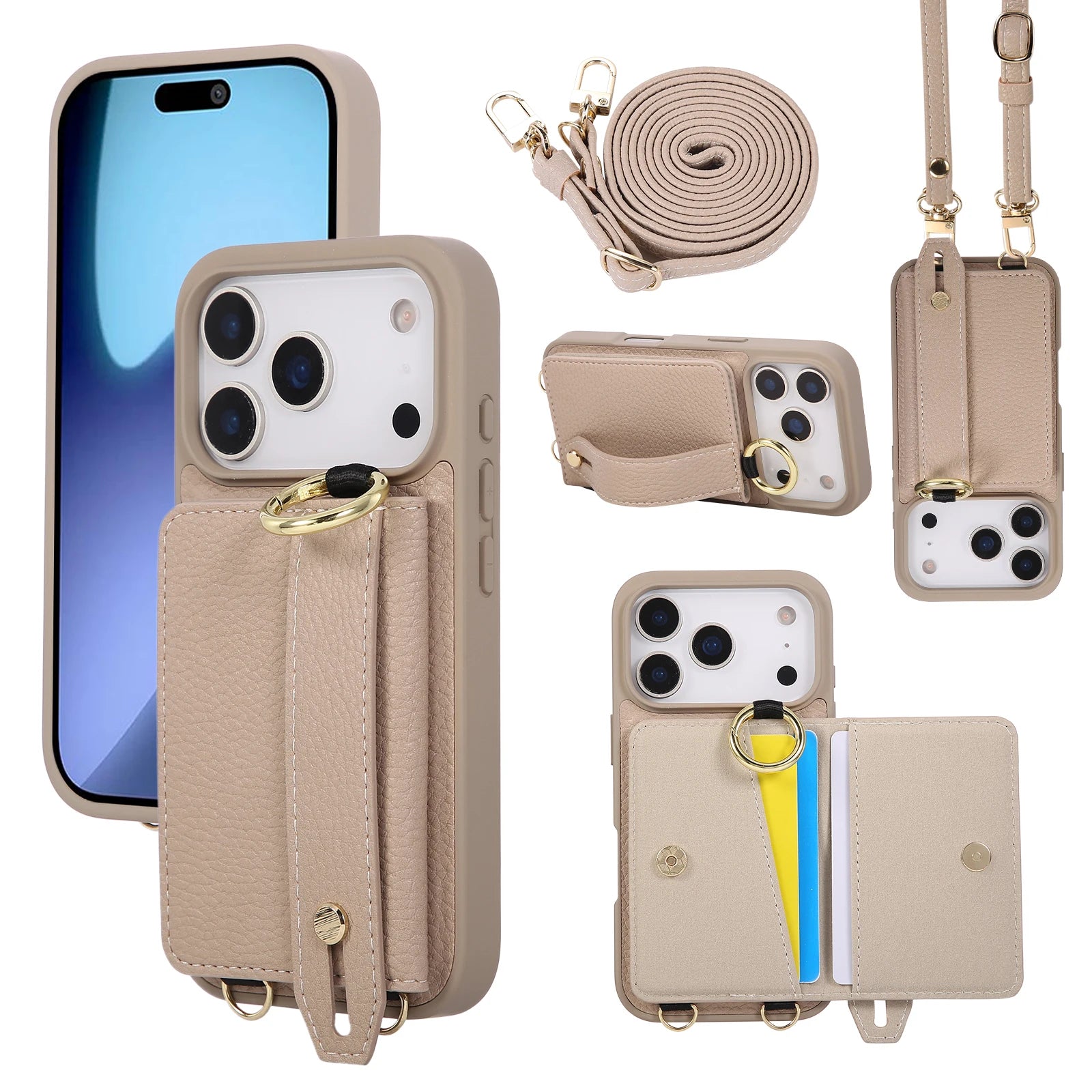 iPhone 17 Series Wallet Case with Crossbody Lanyard and Ring Holder