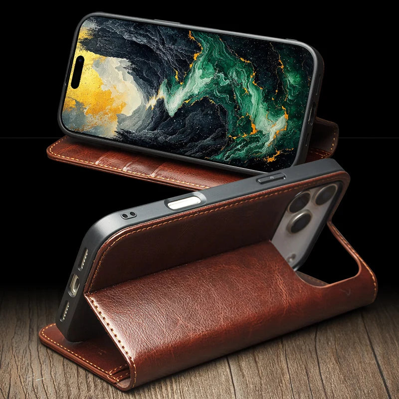Premium Genuine Leather Flip Case with Kickstand for iPhone 17 Series