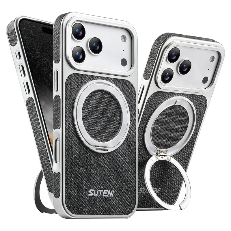Denim Pattern PU Leather MagSafe Case with 360° Rotating Ring Stand for iPhone 17 Series