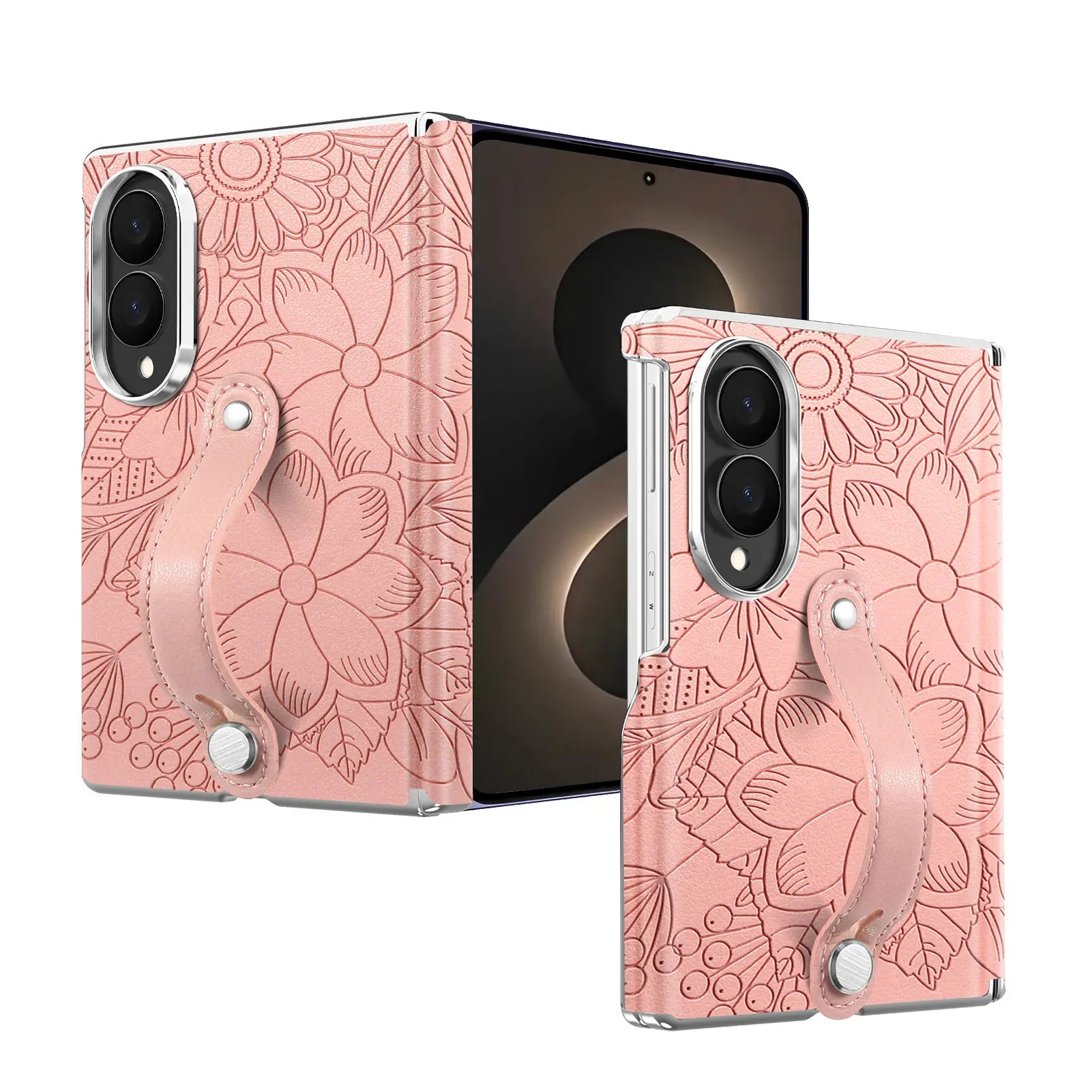 Fashion Embossed Leather Case with Wrist Strap for Samsung Galaxy Z Fold 8