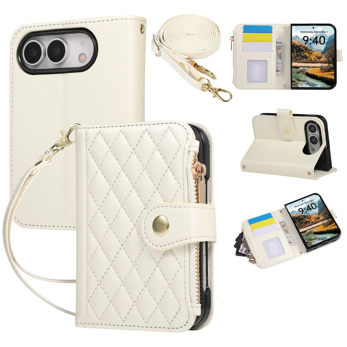 Quilted Diamond Leather Crossbody Wallet Case with Long Adjustable Lanyard Strap for iPhone Duo