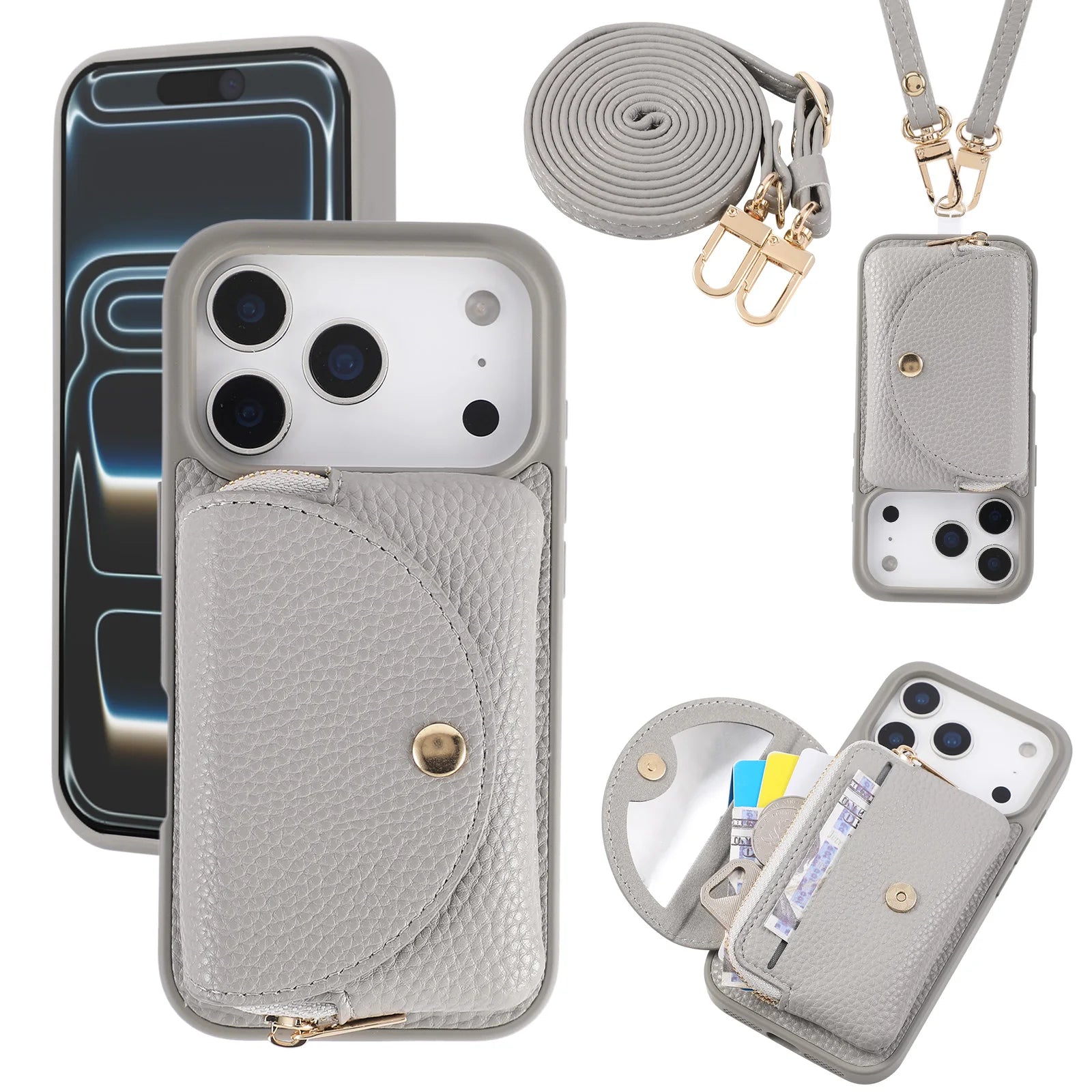 Crossbody Leather Wallet Case with Built-In Makeup Mirror for iPhone 17 Series