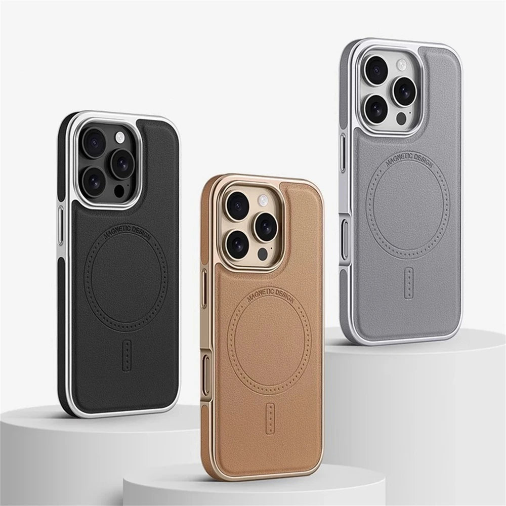 Luxury Plating Frame PU Leather Shockproof MagSafe Case for iPhone 17 Series