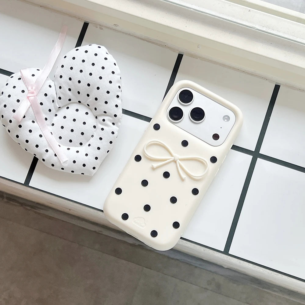 3D Black Polka Dot Bow Silicone Case for iPhone 17 Series
