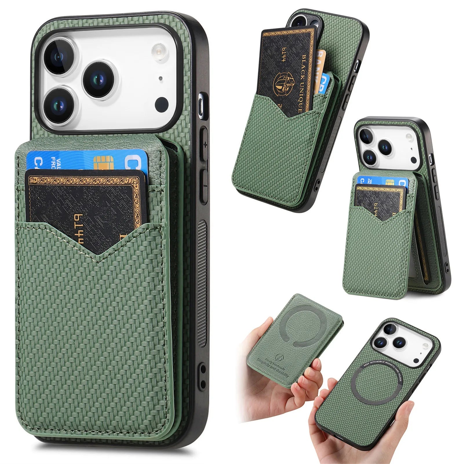 2-in-1 Detachable Carbon Fiber Pattern MagSafe Case with Flip Card Holder for iPhone 17 Series