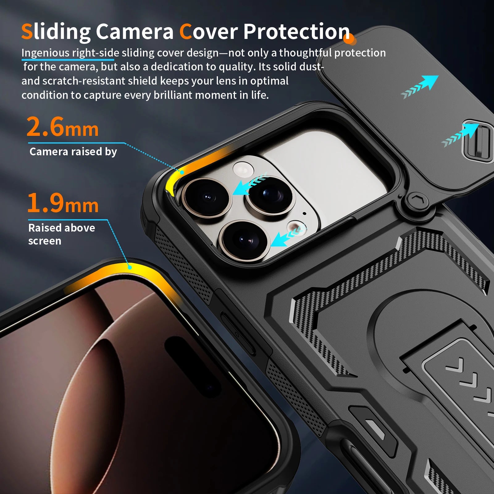 Rugged Phone Case with Sliding Lens Cover and Foldable Stand for iPhone 17 Series