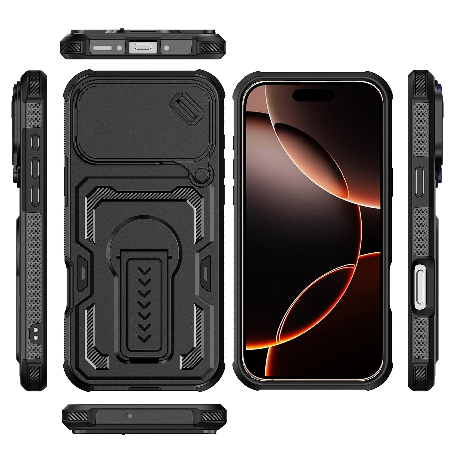 Rugged Phone Case with Sliding Lens Cover and Foldable Stand for iPhone 17 Series