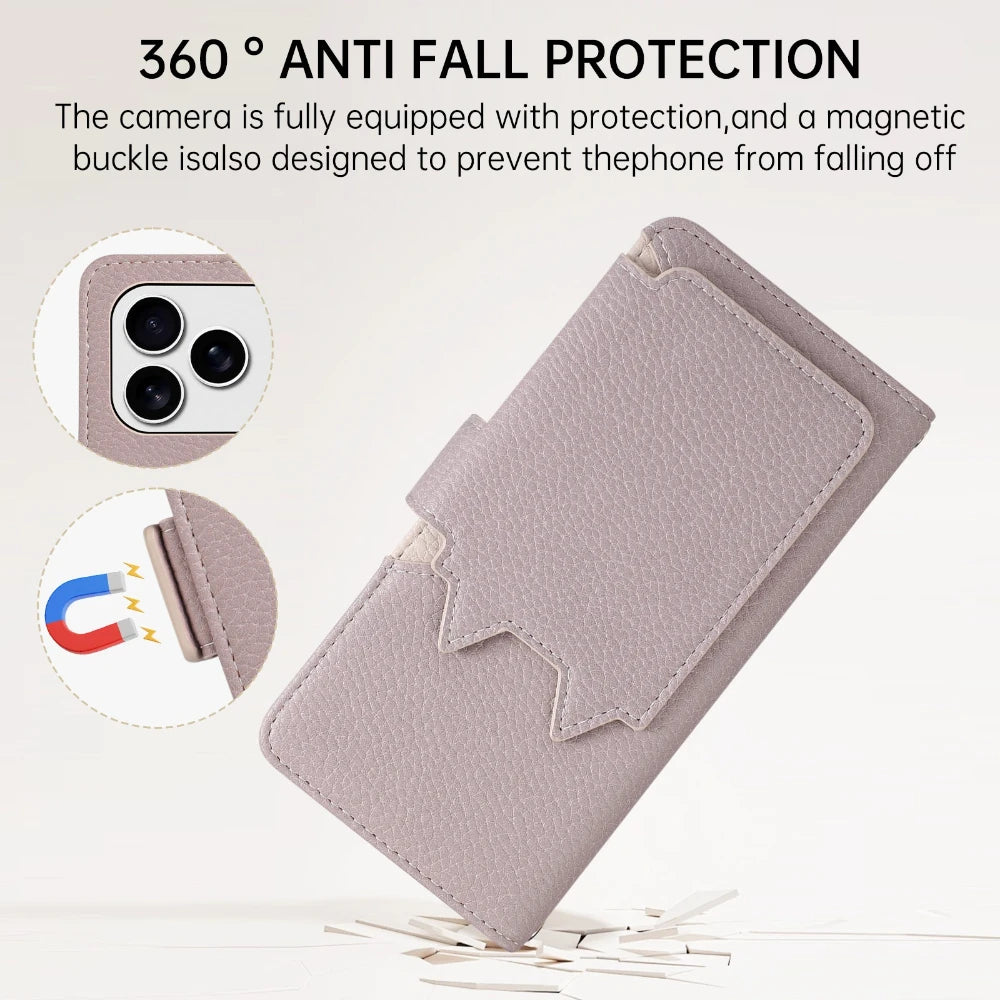 Leather Folio Wallet Case with Strap and Mirror for iPhone 17 Series