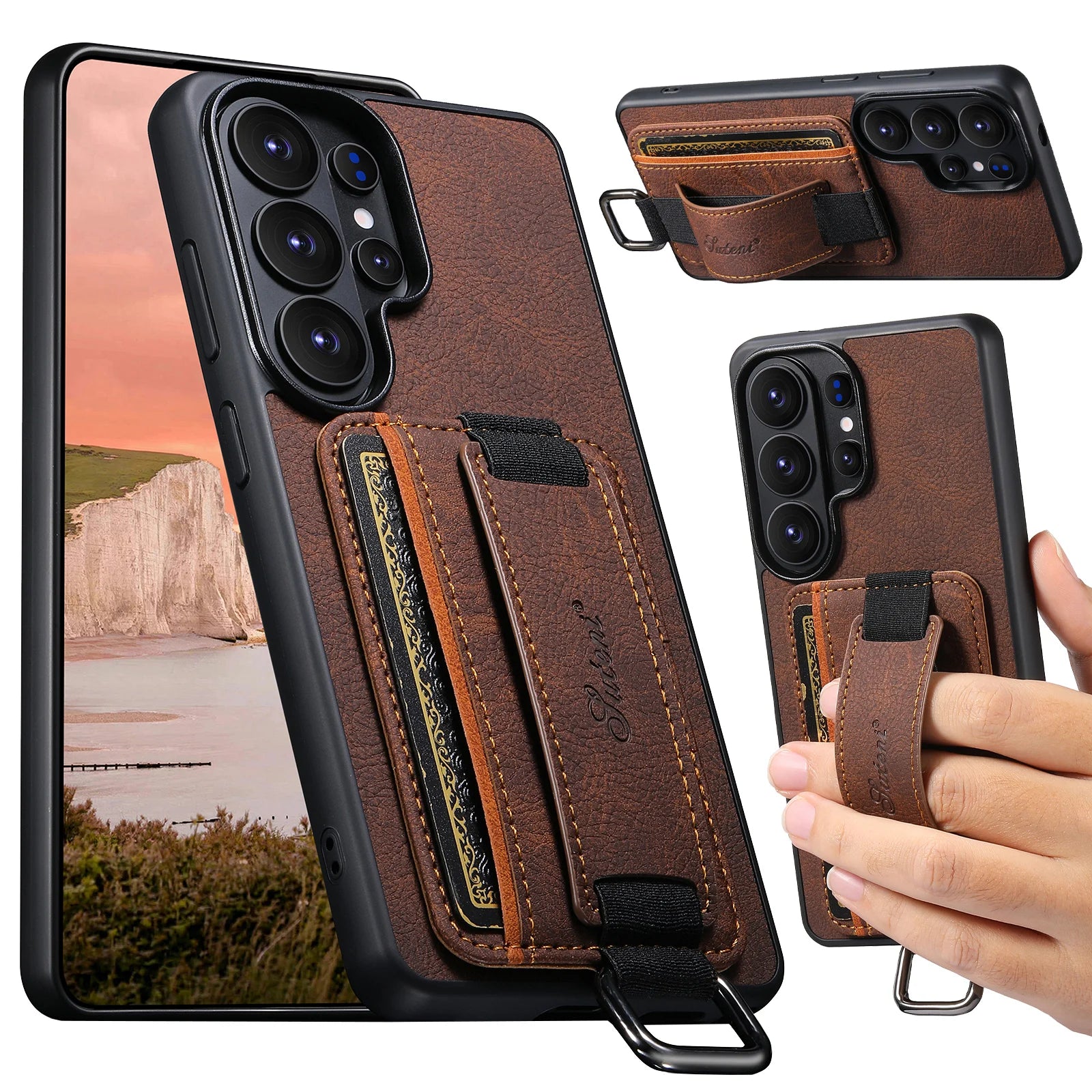 Samsung Galaxy S26 Ultra Lychee Grain Leather Case with Card Slots and Ring