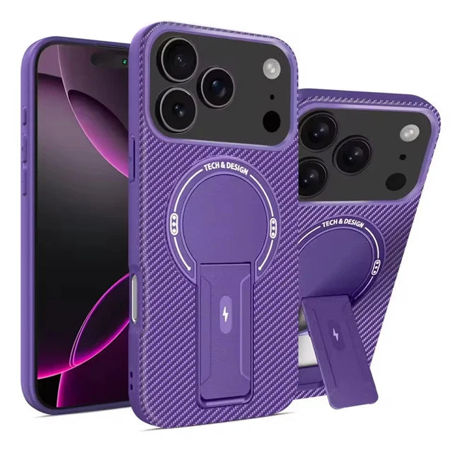 Military-Grade Luxury Carbon Fiber Pattern MagSafe Case with Foldable Stand for iPhone 17 Series