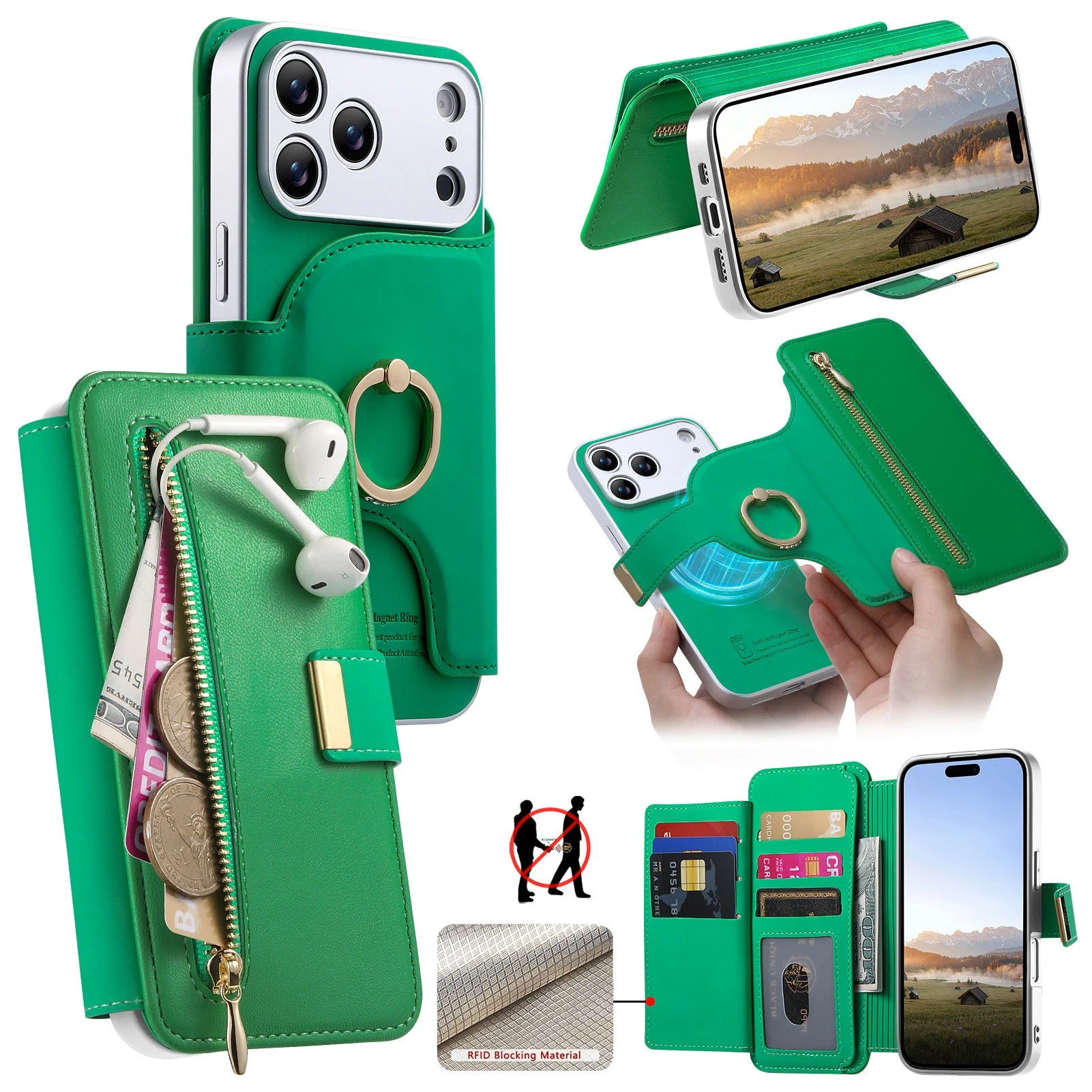2-in-1 Detachable MagSafe Leather Wallet Case with Ring for iPhone 17 Series