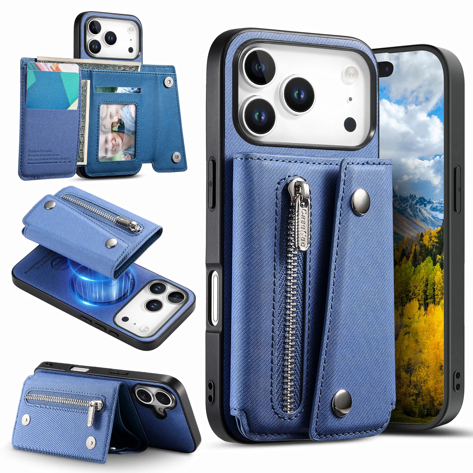 MagSafe Compatible Leather Case with Detachable Zipper Pocket for iPhone 17 Series