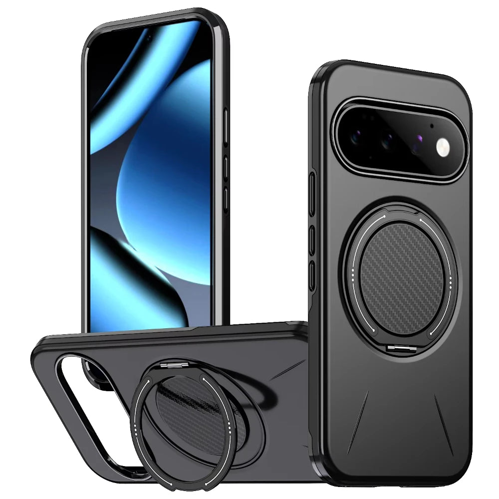 Carbon Fiber Dual-Layer Armor Case with 360° Rotating Magnetic Ring Stand for Google Pixel 11 Series