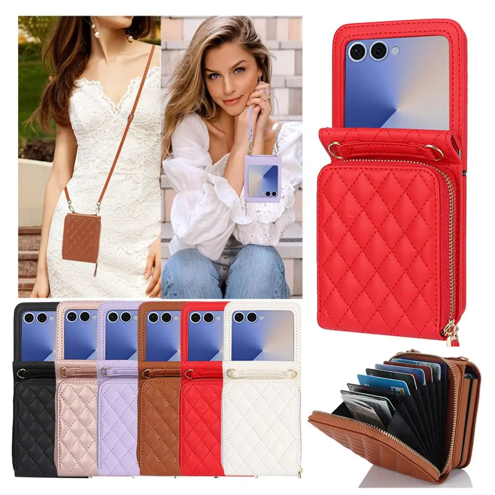 Shockproof Leather Crossbody Case with Lanyard and Wallet Pouch for Samsung Galaxy Z Flip 7