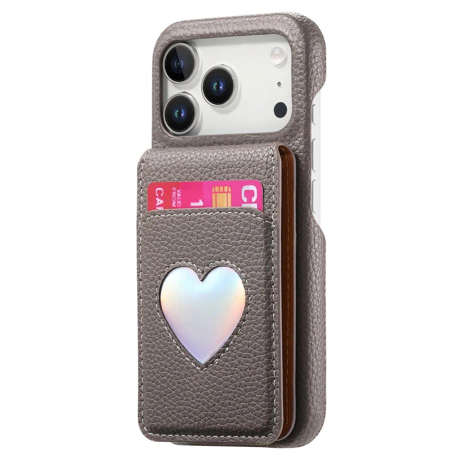 Lychee Pattern Love Heart Leather Wallet Case with Mirror & RFID Protection for iPhone 17 Series