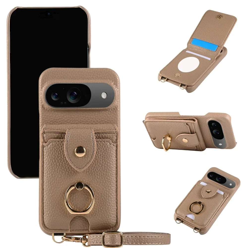 Leather Crossbody Wallet Phone Case with Ring Stand and Card Holder for Google Pixel 9 Series