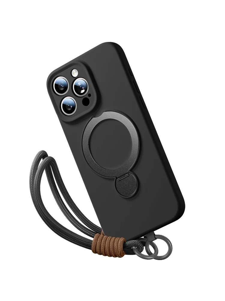 iPhone 16 Series Silicone MagSafe Case with Rotating Ring Holder Stand