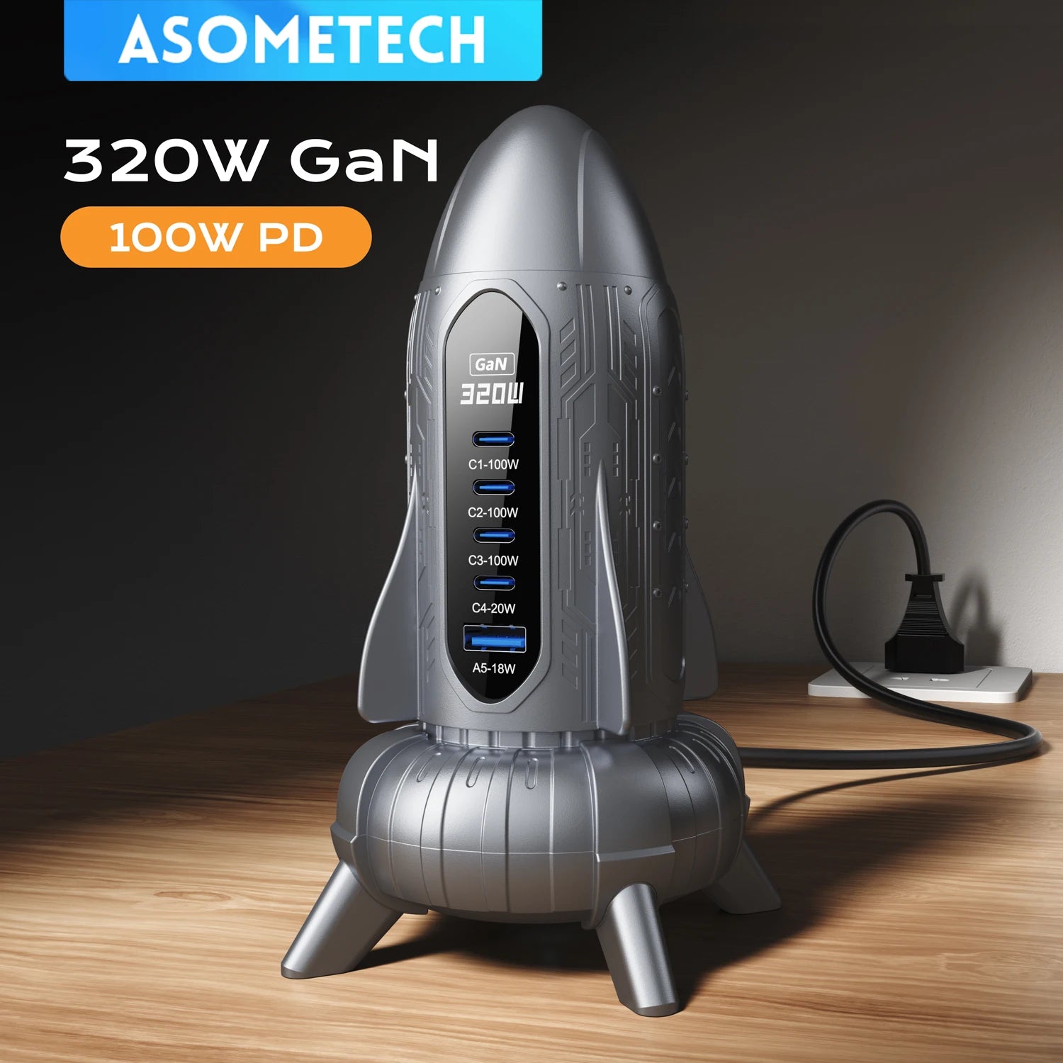 ASOMETECH Rocket Design 320W GaN USB-C Desktop Charger
