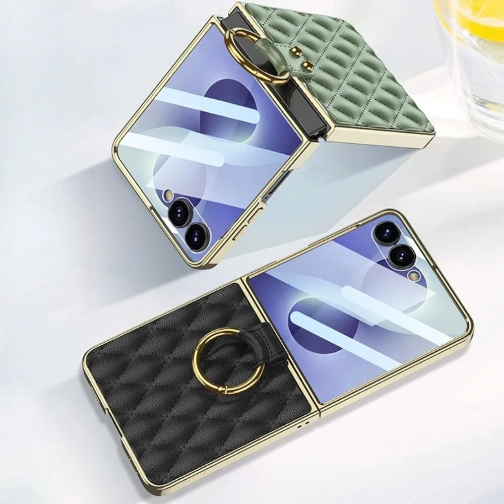 Quilted Vegan Leather Foldable Case with Metal Ring Holder at Fold for Samsung Galaxy Z Flip 8