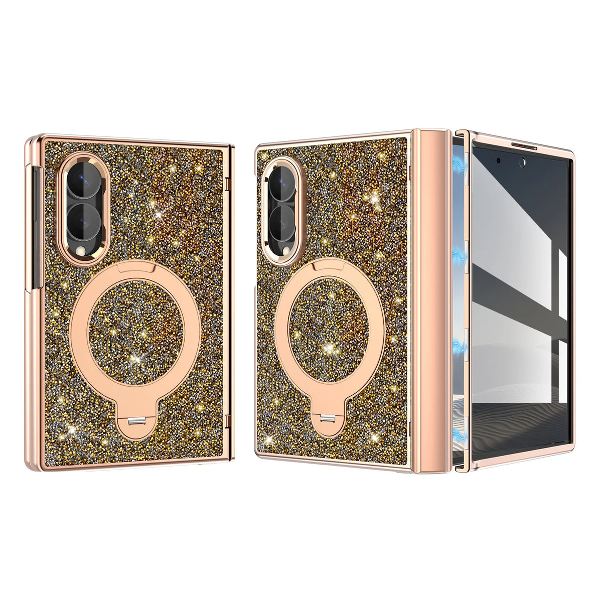 Glitter Case with Hinge Guard and Rotating Magnetic Ring Stand for Samsung Galaxy Z Fold 8