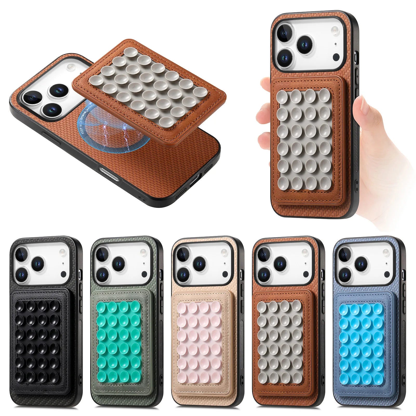 2-in-1 Detachable Fiber Texture MagSafe Leather Case with Card Holder & Suction Cup for iPhone 17 Series