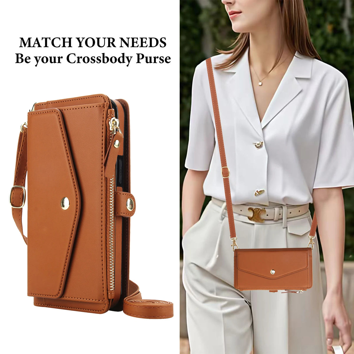 Detachable MagSafe Leather Crossbody Case with Zippered Flip Wallet & Card Slot for iPhone 17 Series