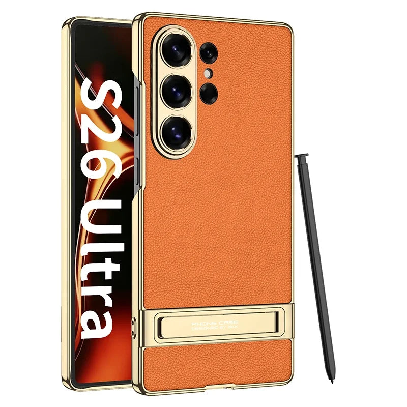 Luxury Matte Leather Case with Hidden Kickstand for Samsung Galaxy S26 Ultra