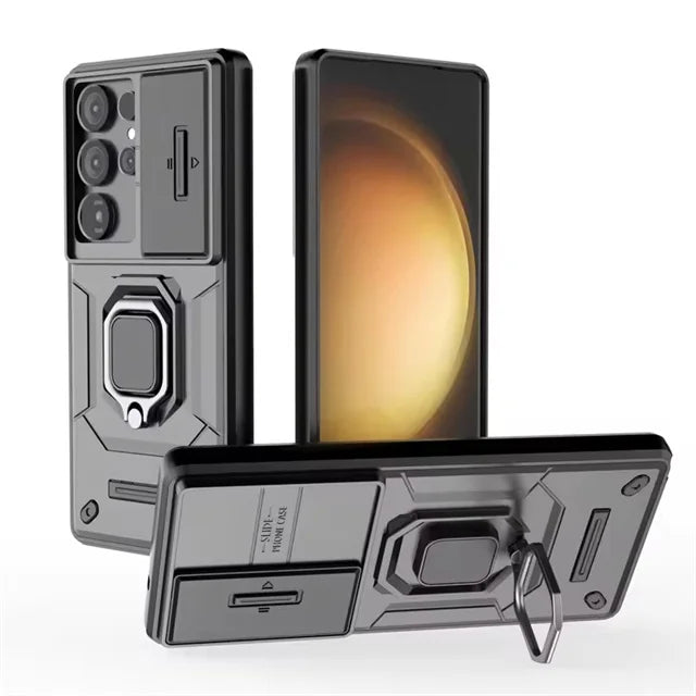 Shockproof Armor Case with Slide Camera Lens Protection & Ring Stand for Samsung Galaxy S25 Series