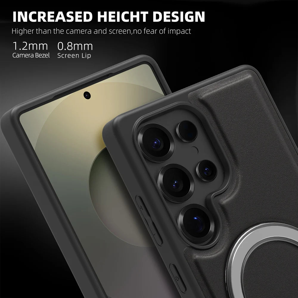 PU Leather & Silicone Ring Stand Magnetic Case for Samsung Galaxy S25 Series