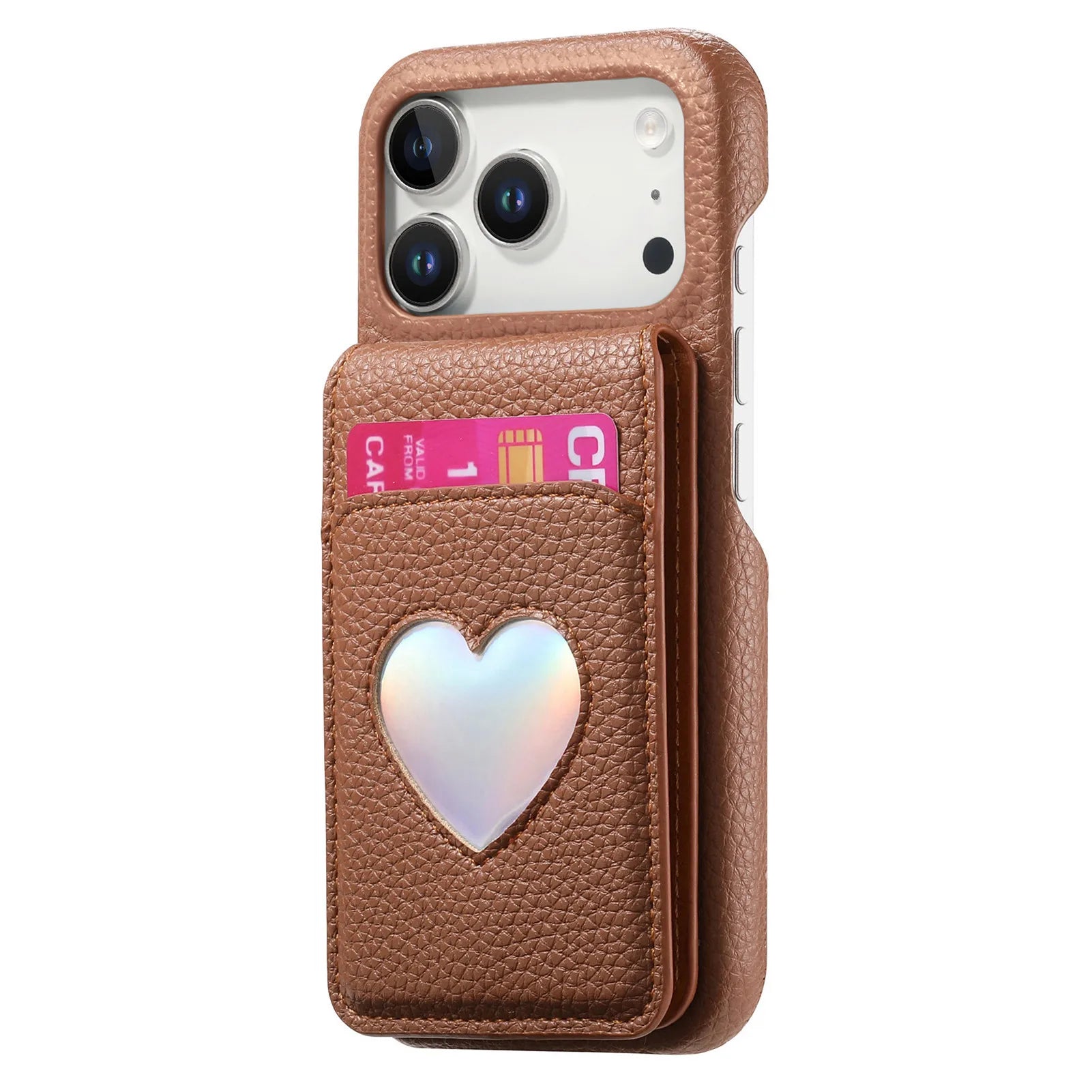 Lychee Pattern Love Heart Leather Wallet Case with Mirror & RFID Protection for iPhone 17 Series
