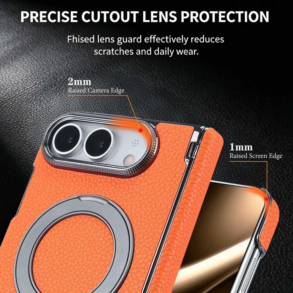 Litchi Grain Leather MagSafe Case with 360° Rotating Ring Stand for iPhone Duo