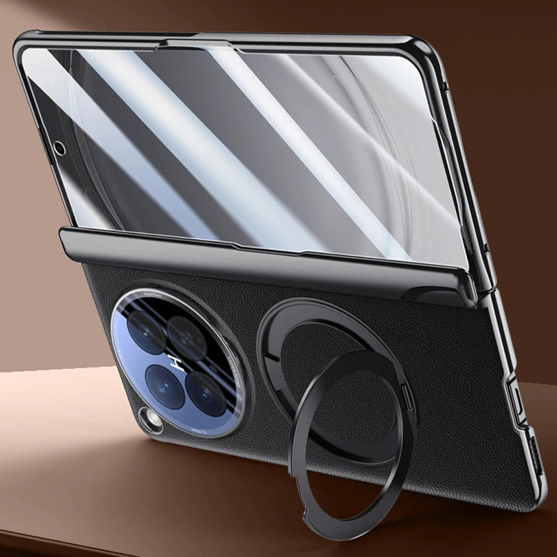 OPPO Find N6 Premium Leather PC Case with Rotating Ring Holder Stand and Privacy Glass