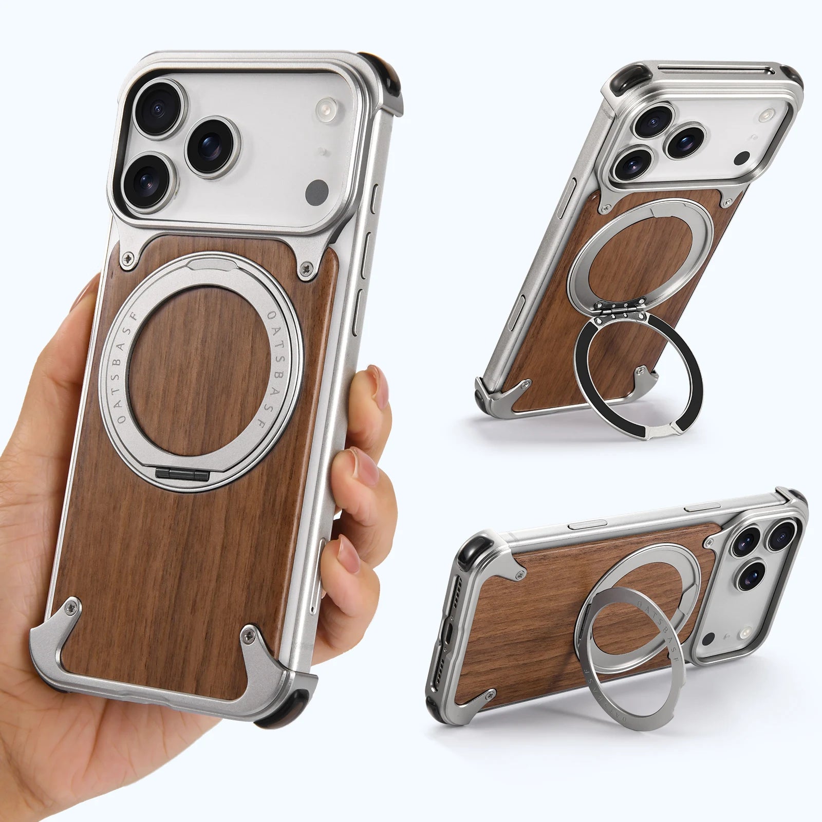 Shockproof Wooden MagSafe Case with 360° Kickstand Ring for iPhone 17 Pro & Pro Max