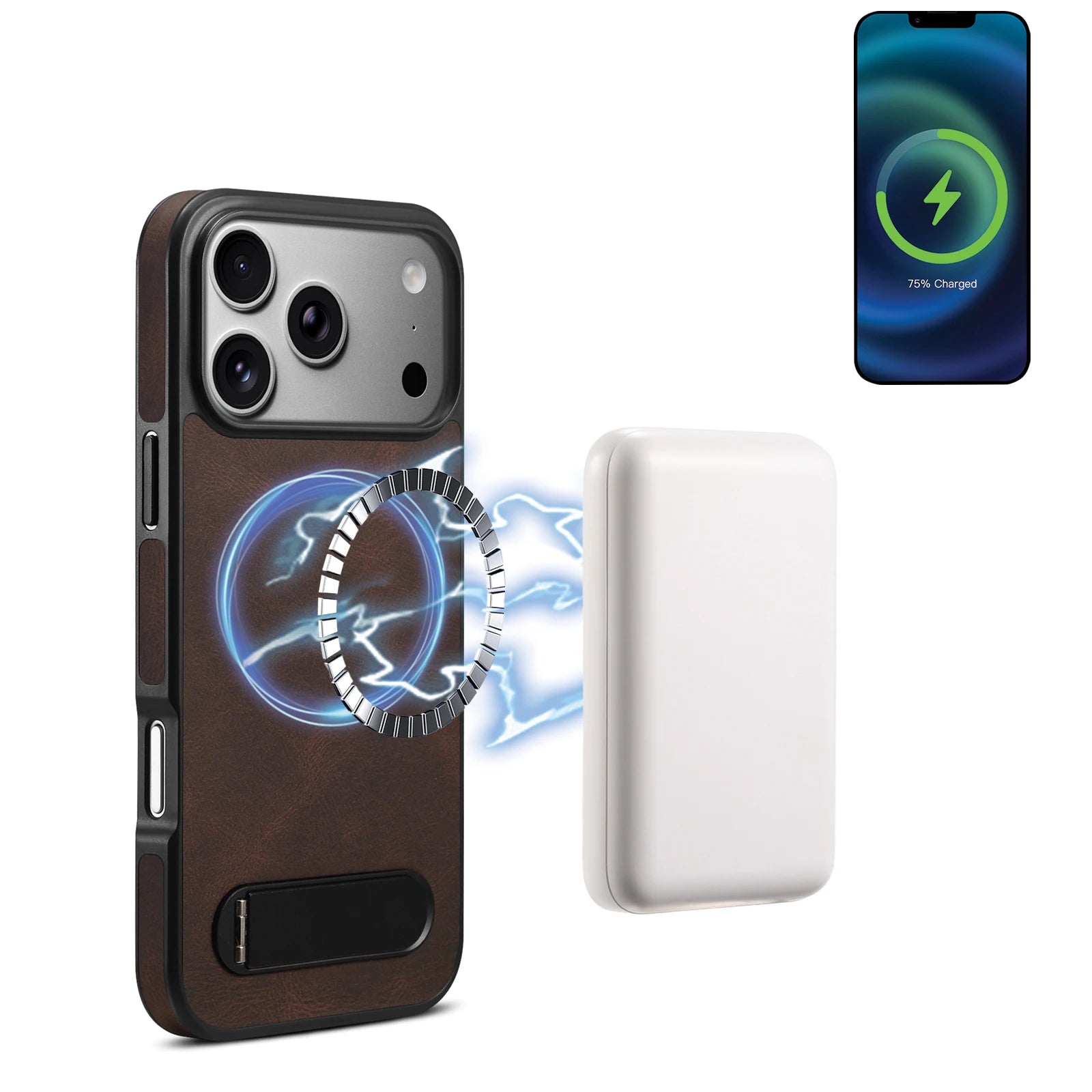 Luxury Retro PU Leather MagSafe Case with Metal Stand for iPhone 17 Series