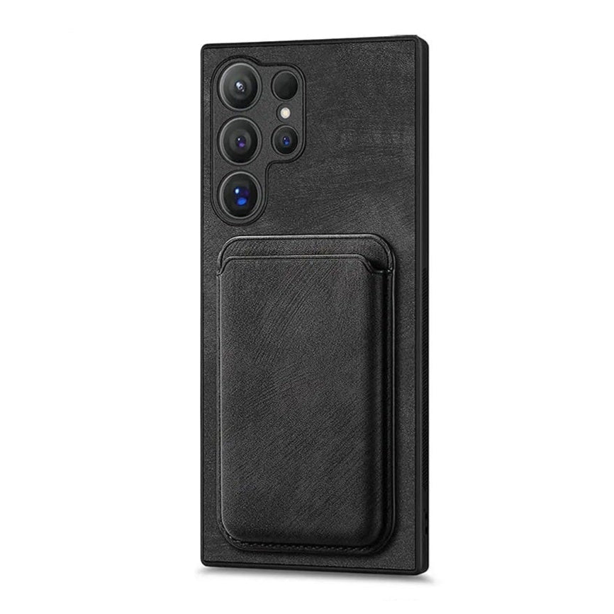 Black phone case with card holder on a white background