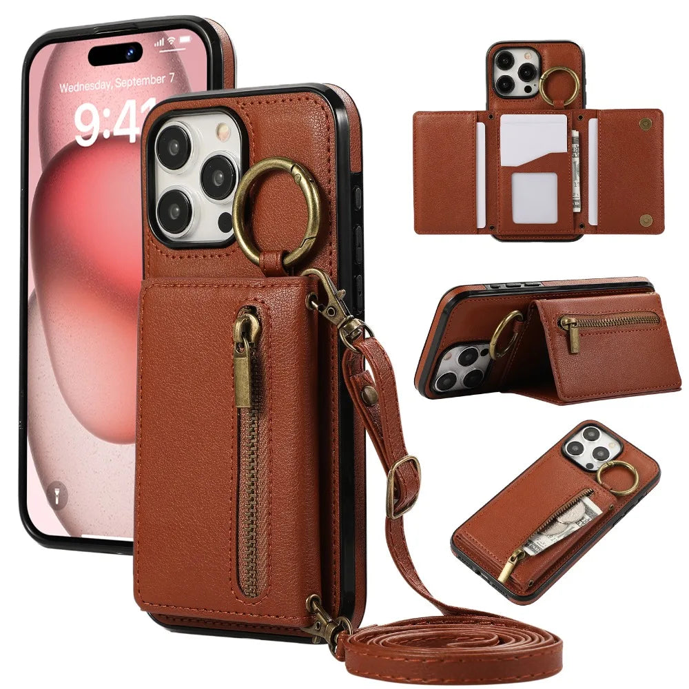 Crossbody Zipper Wallet Phone Case with Ring and Card Holder for iPhone 16 Series