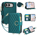 Leather Diamond-Quilted Crossbody Wallet Case with Detachable Long Lanyard Strap for iPhone Duo