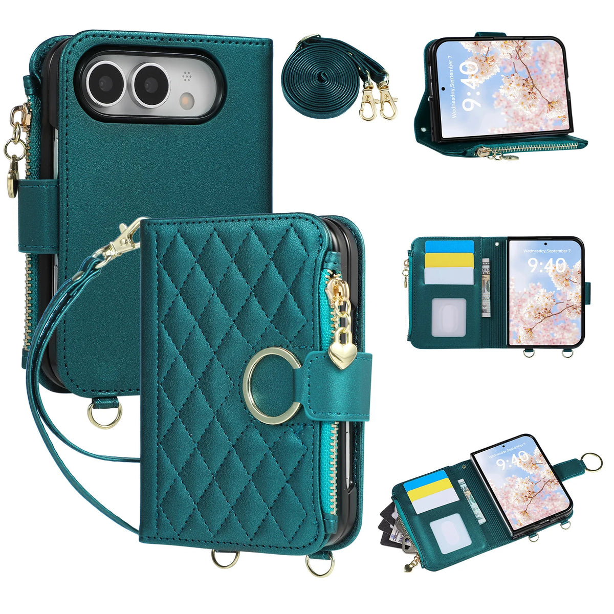 Leather Diamond-Quilted Crossbody Wallet Case with Detachable Long Lanyard Strap for iPhone Duo