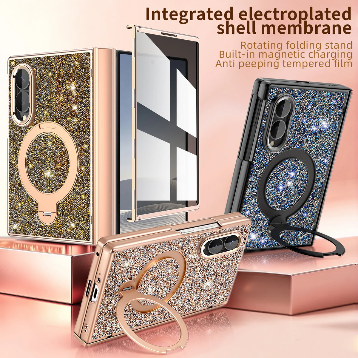 Glitter Case with Hinge Guard and Rotating Magnetic Ring Stand for Samsung Galaxy Z Fold 8