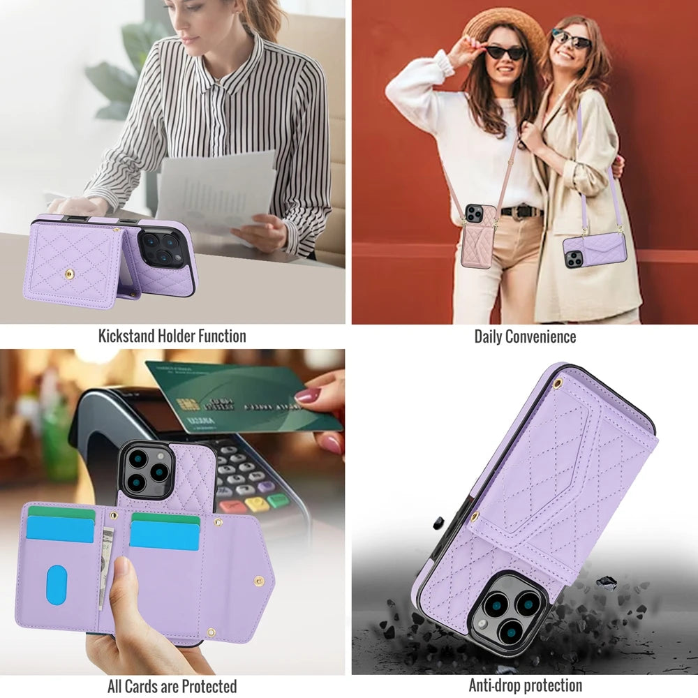 Crossbody Leather Wallet Case with Card Slots & Lanyard for iPhone 16 Series