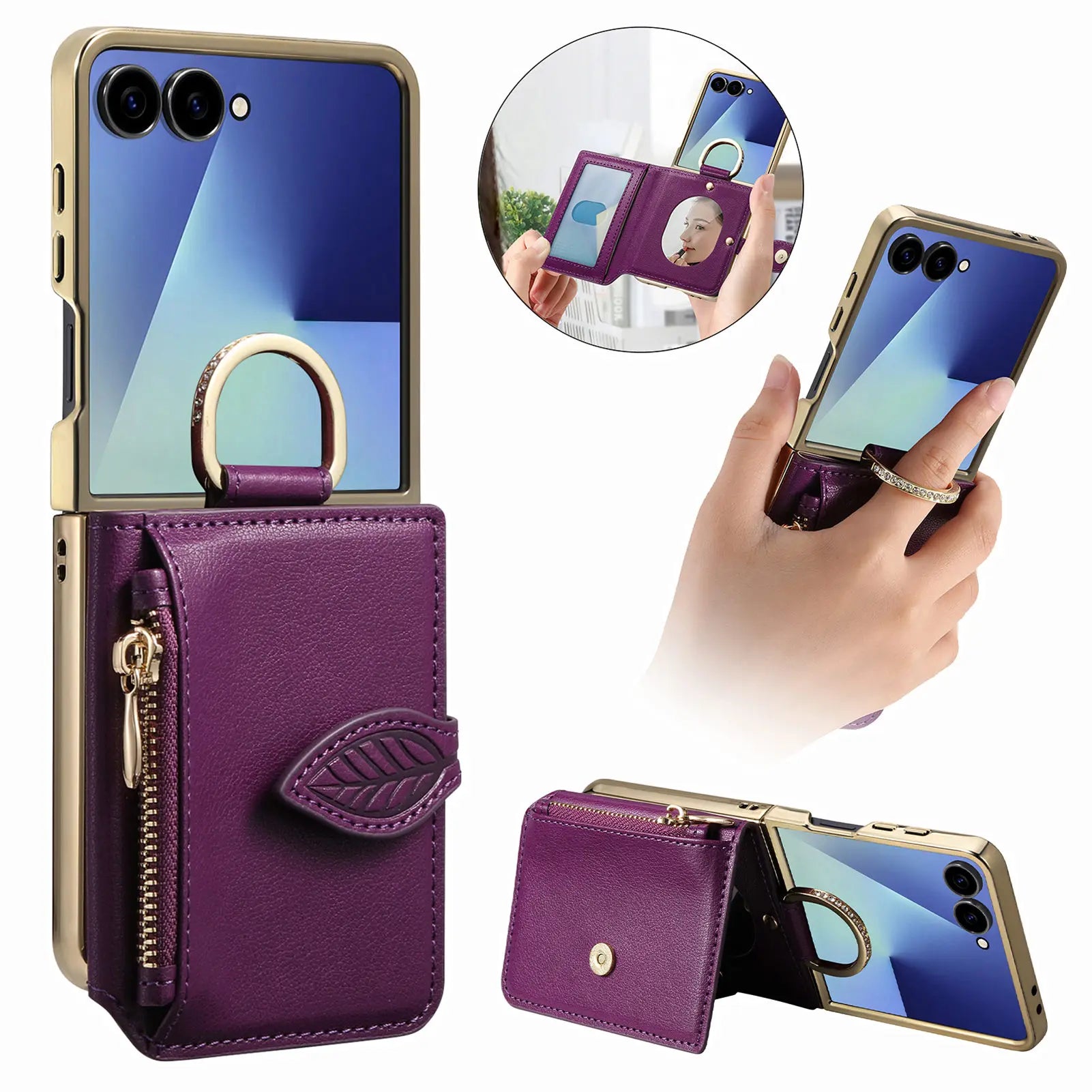 Samsung Z Flip 7 Shockproof Leather Case with Card Slots and Mirror