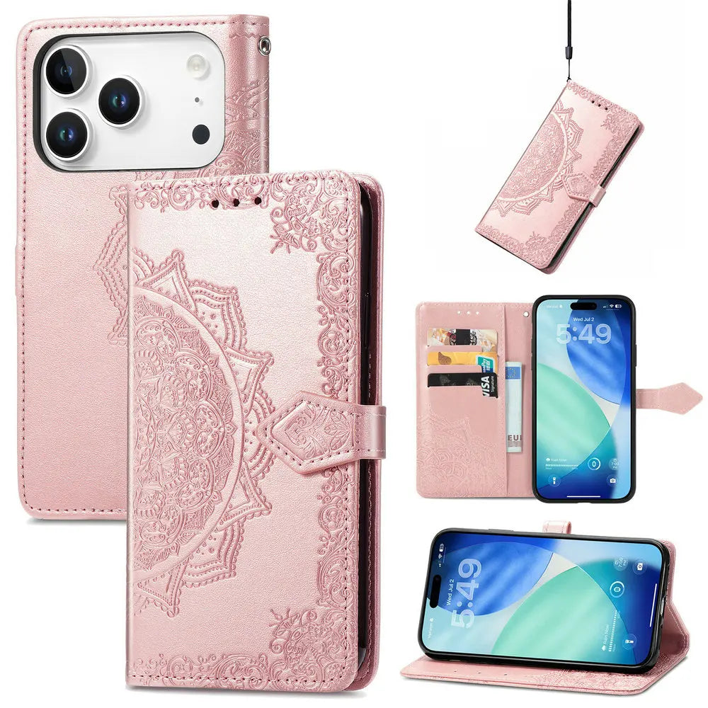 Premium Leather 3D Engraved Flip Wallet Case for iPhone 17 Series