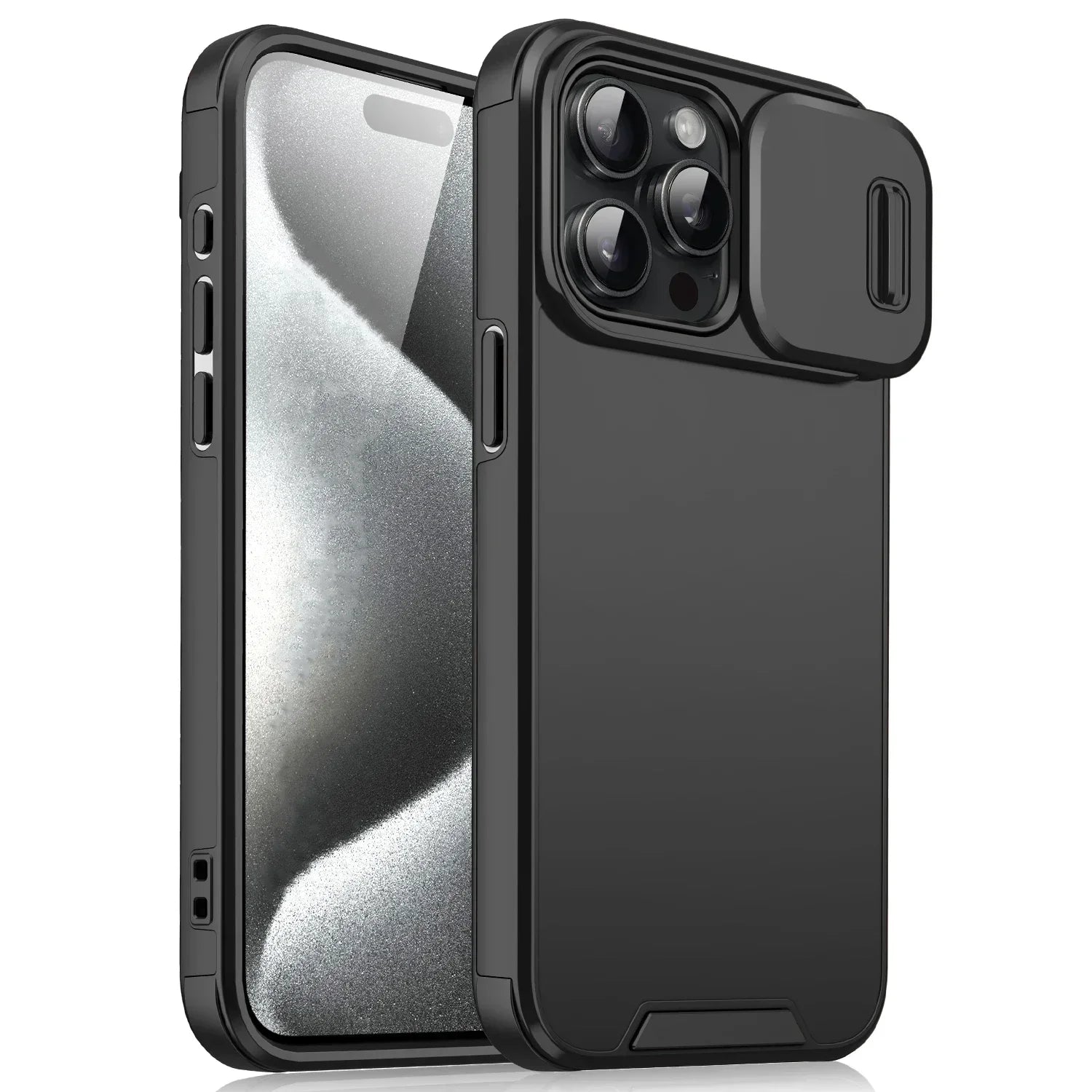 Black phone case with reflective surface on a white background