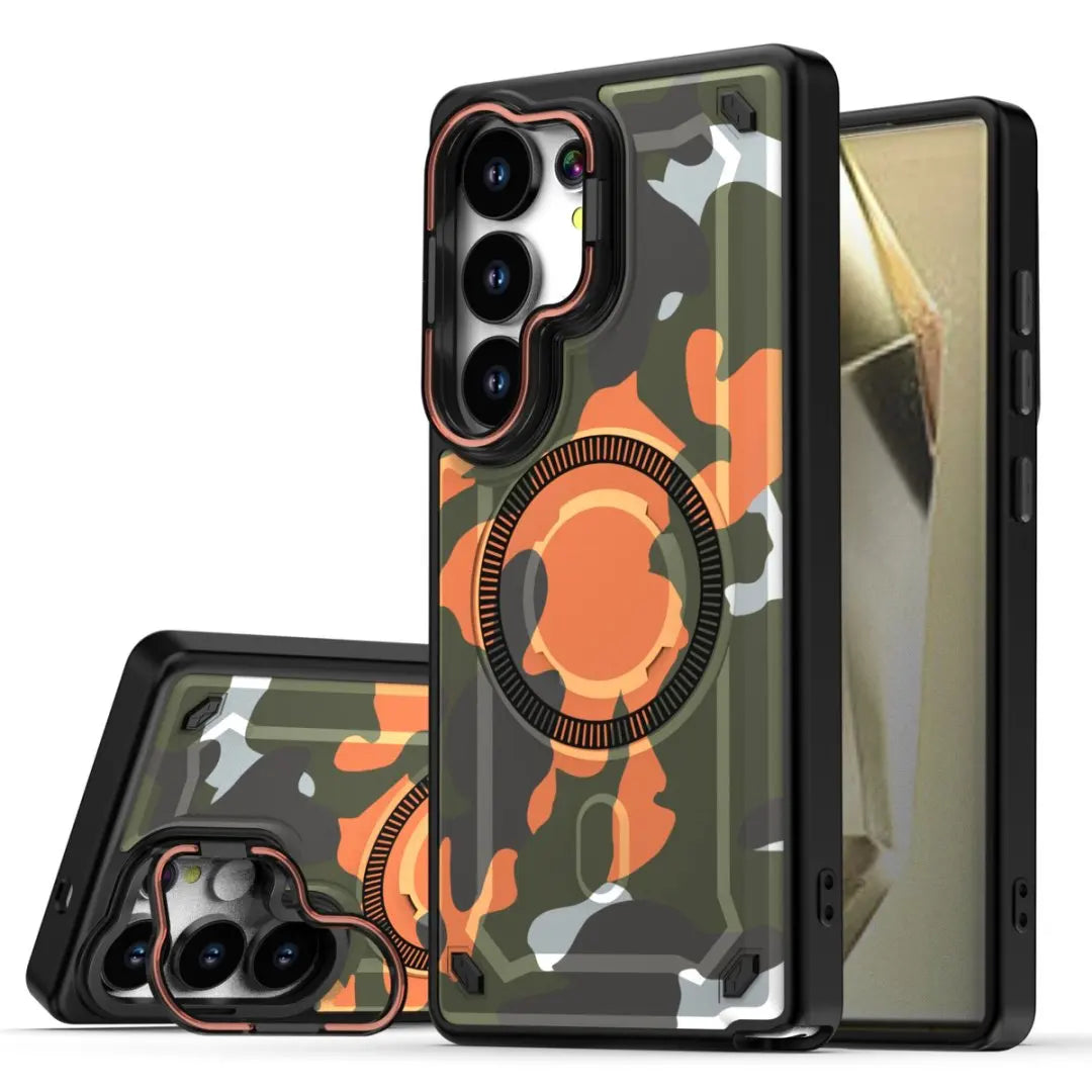 Protective Military Camouflage Magnetic Case with Lens Stand for Samsung Galaxy S24 Series