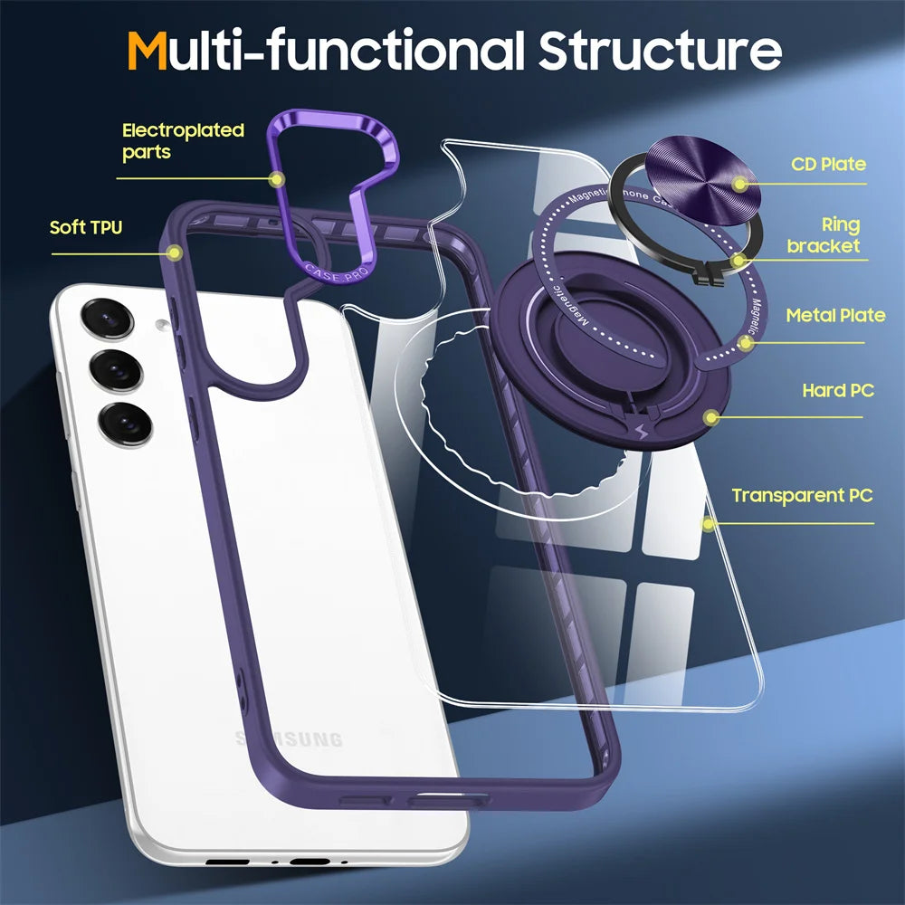 Crystal Clear Magnetic Case with Ring Stand for Samsung Galaxy S24 Series