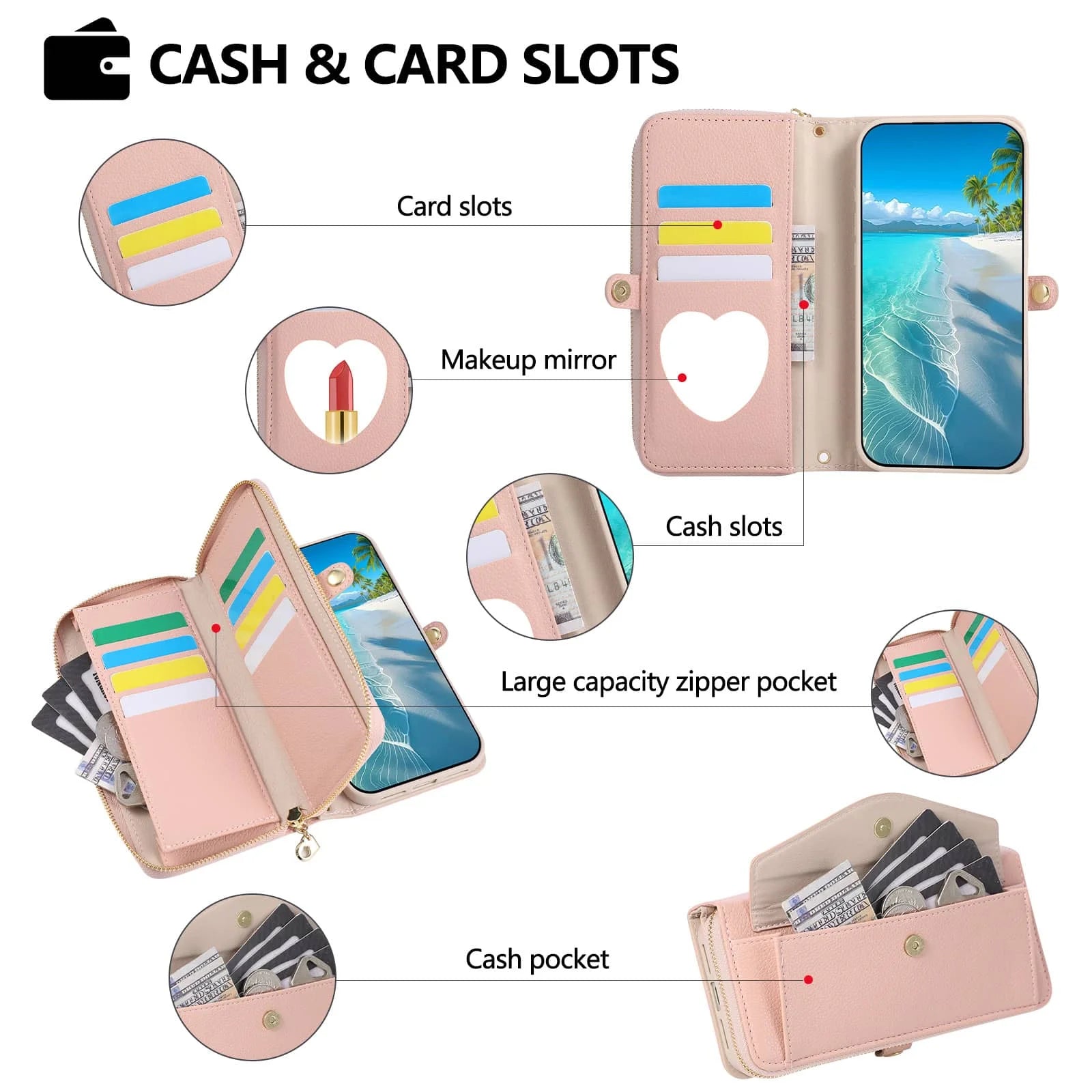 iPhone 15 Series Crossbody Wallet Case with Built-In Mirror and Kickstand