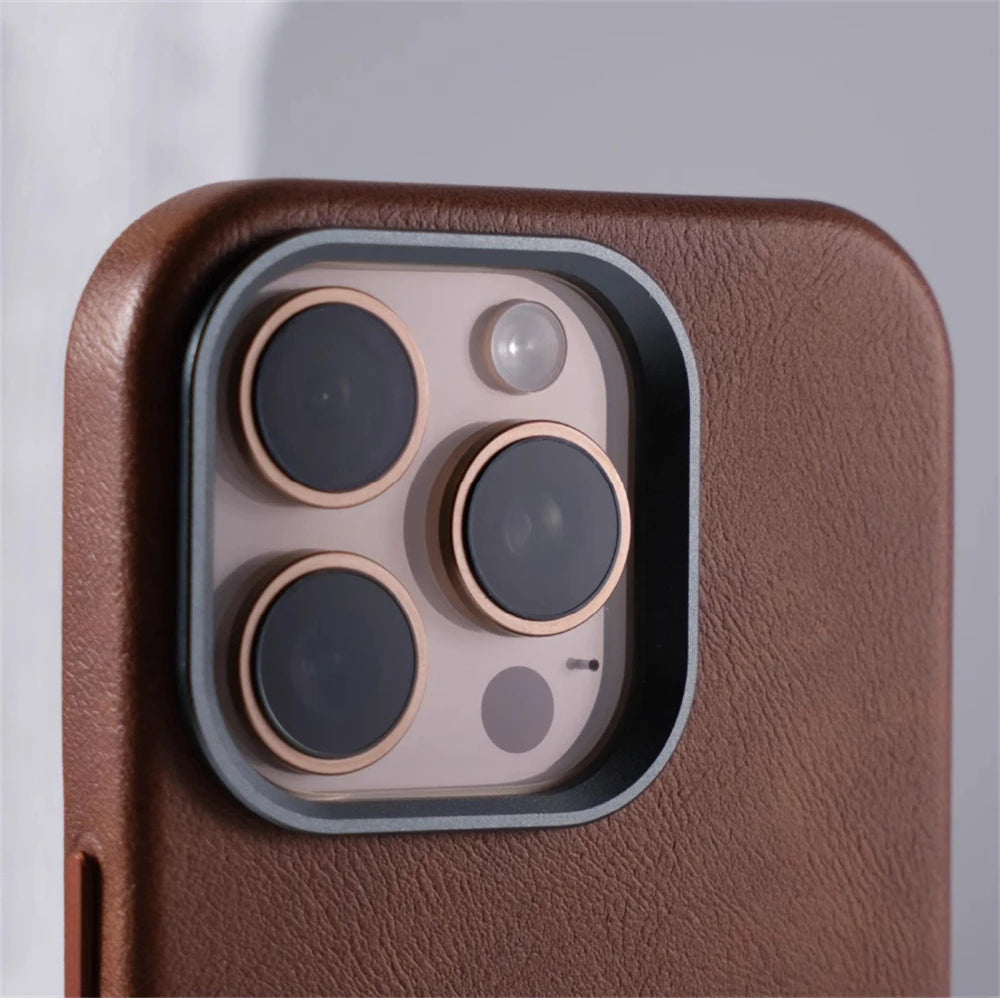 Luxury Business Retro Leather MagSafe Case with Alloy Lens for iPhone 16 Series